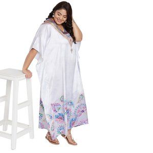 Women Plus Size Floral & Paisley Printed White Satin Kaftan Dress by Gypsie Blu